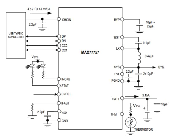 Schéma de principe - Analog Devices / Maxim Integrated Chargeur autonome USB de type C MAX77757